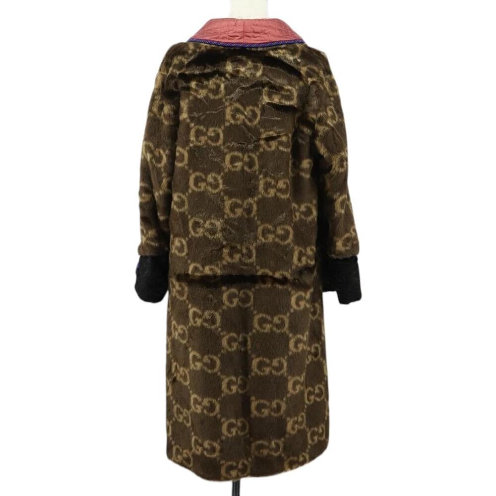 Gucci GG Canvas Fur Coat Teddy Bear Applique Jacket Brown